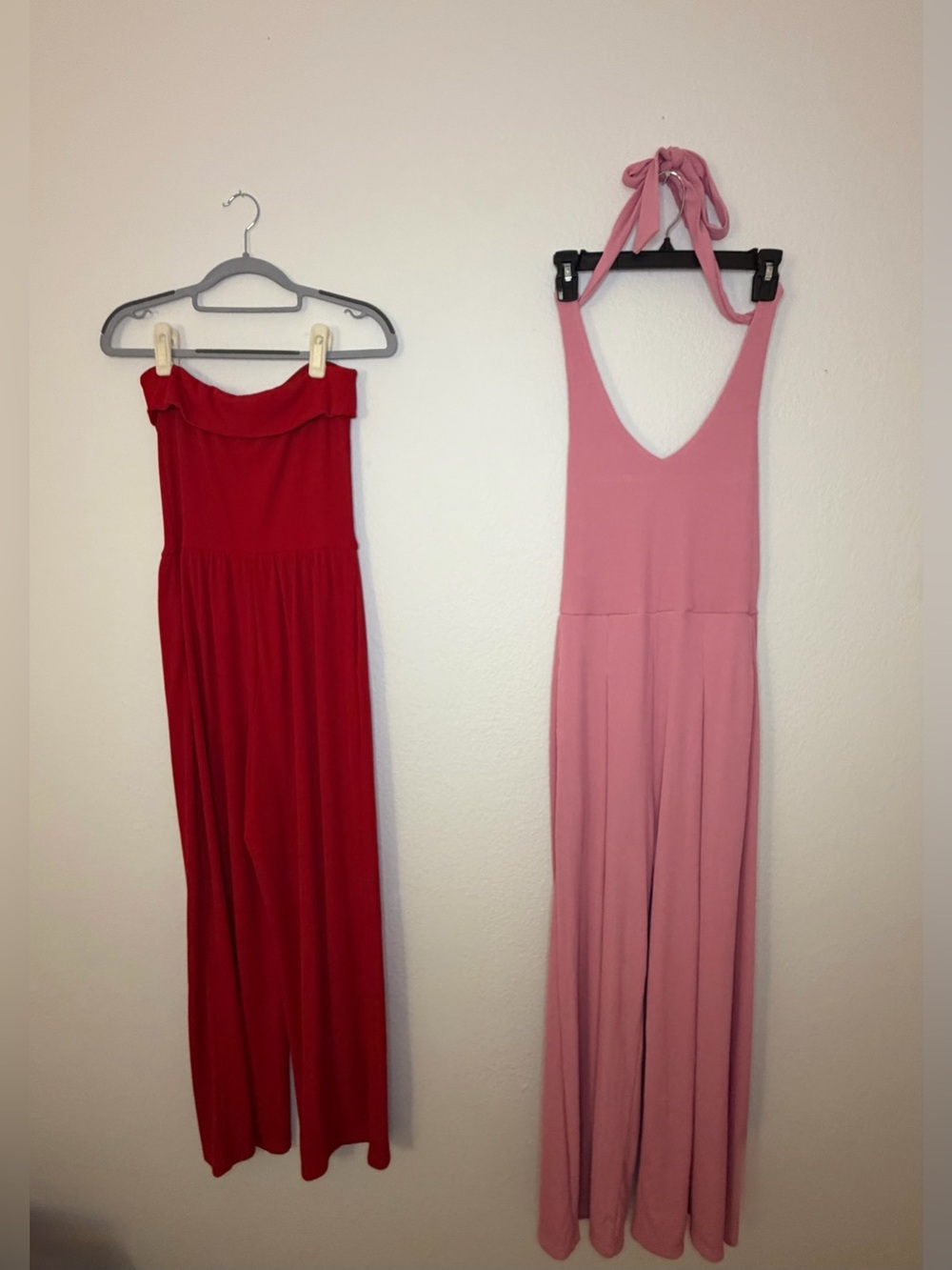2 Jumpsuit Bundle Small Pink Halter & Small Red Strapless Wide Leg Pretty Garden